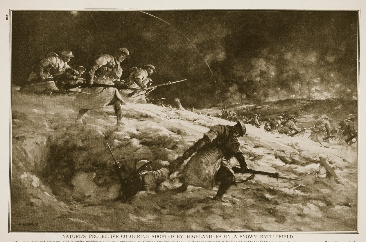 1914-19 19 को बर्फीले युद्ध के मैदान में हाइलैंडर्स द्वारा अपनाया गया सुरक्षात्मक रंग द्वारा अंग्रेजी स्कूल