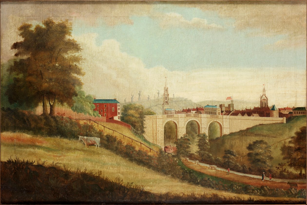 न्यू ब्रिज ऑन पंडोन डेने, न्यूकैसल ऑन टाइन, c.1812 द्वारा अंग्रेजी स्कूल