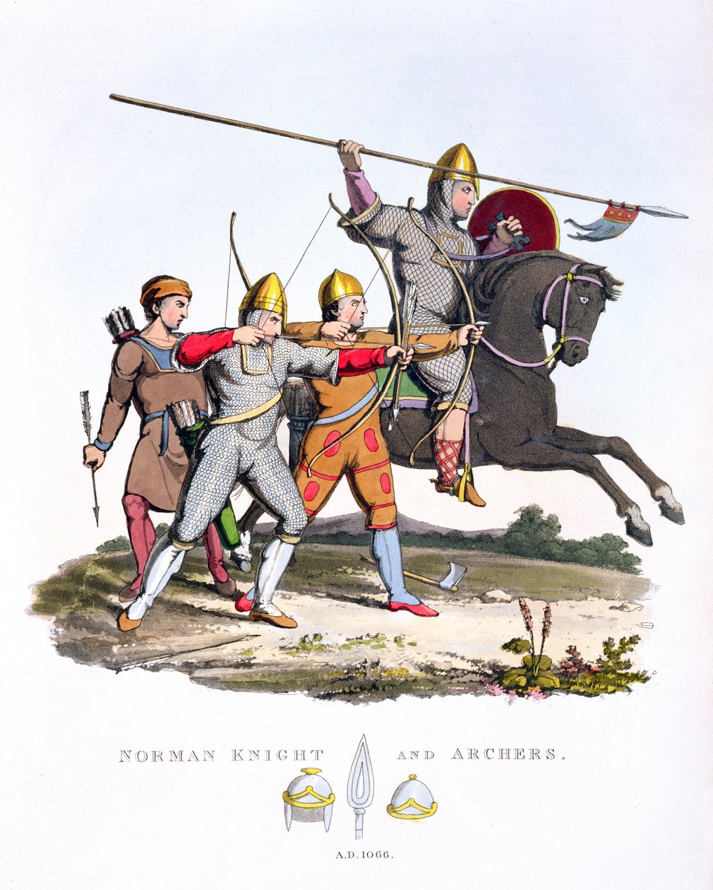 नॉर्मन नाइट और आर्चर, 1066, प्राचीन कवच से, सैमुअल रश मैरिक, 1824 द्वारा द्वारा अंग्रेजी स्कूल