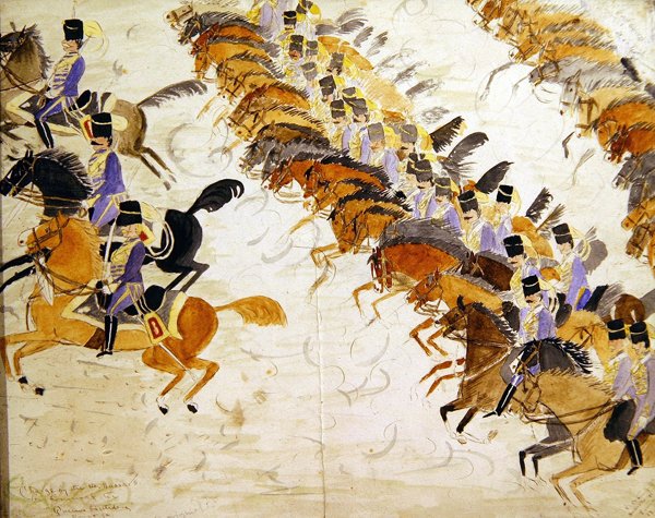 घोड़े की पीठ पर सरपट दौड़ते अधिकारी, c.1840 (कागज पर पानी के रंग का) द्वारा अंग्रेजी स्कूल