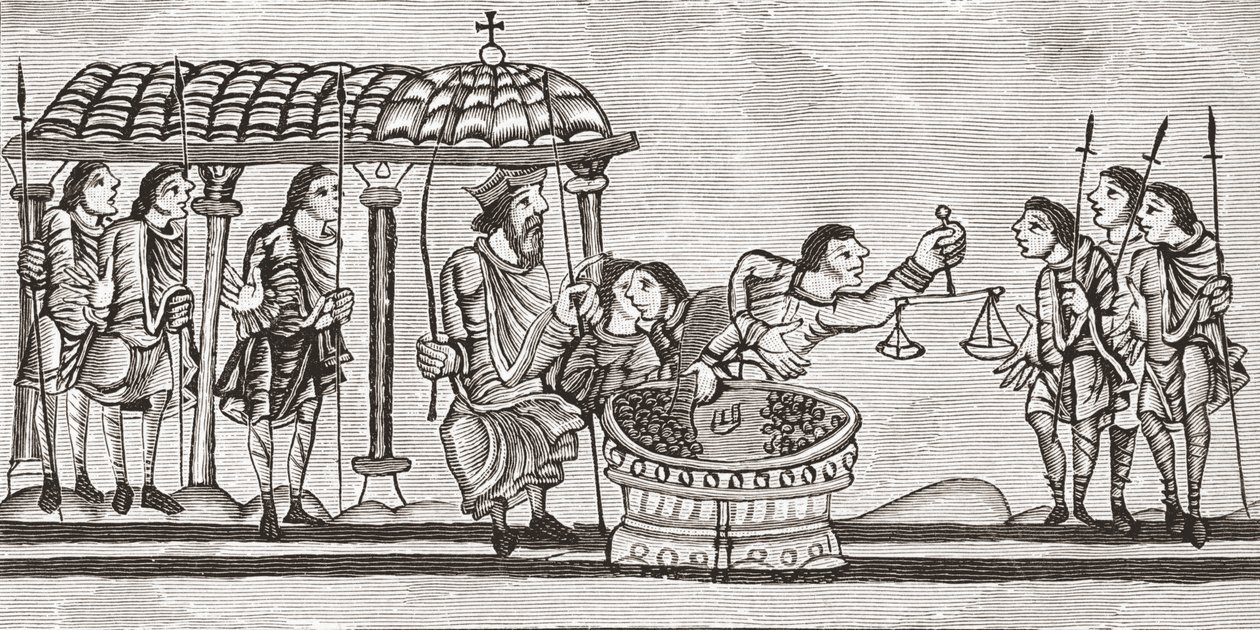 जेआर ग्रीन द्वारा &39;द ए शोर्ट हिस्ट्री ऑफ द इंग्लिश पीपल&39; से 1130-74 के अंश पर सिक्के प्राप्त करने और तौलने वाले अधिकारी, 1893 (लिथो) प्रकाशित द्वारा अंग्रेजी स्कूल