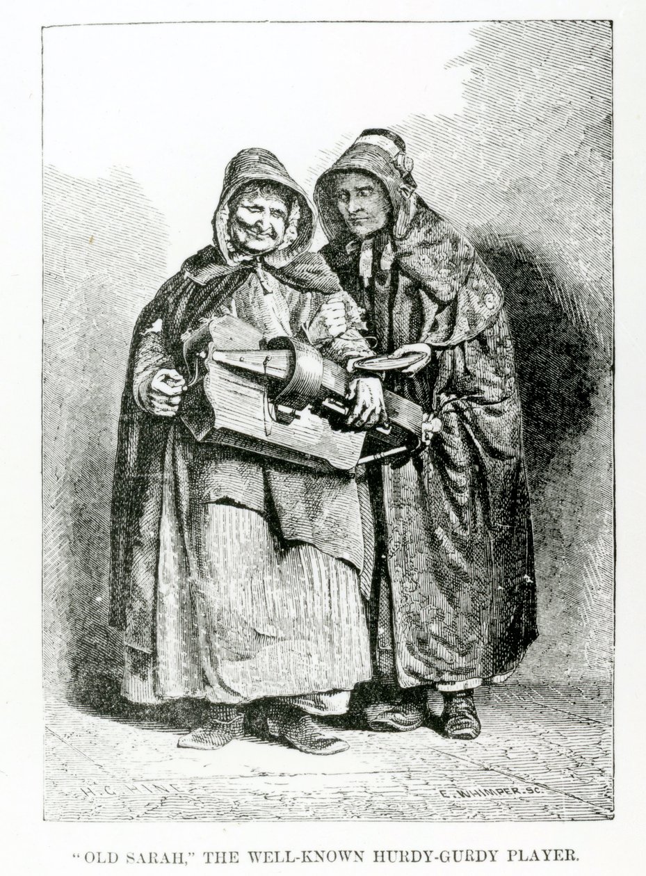 ओल्ड सारा द वेल-ज्ञात हर्डी-गुर्डी प्लेयर, c.1840 द्वारा अंग्रेजी स्कूल