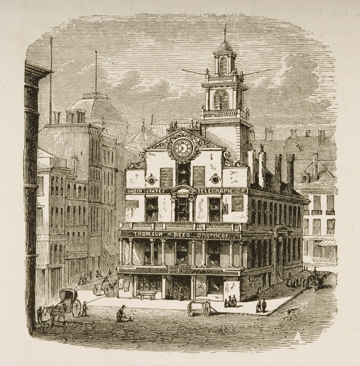 ओल्ड स्टेट हाउस, बोस्टन, c.1870 में, धार्मिक ट्रैक्ट सोसायटी द्वारा 1876 में प्रकाशित &39;अमेरिकन पिक्चर्स&39; से द्वारा अंग्रेजी स्कूल