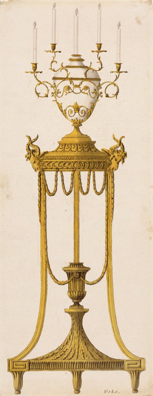रॉबर्ट और जे एडम, 1773 द्वारा "वर्क्स इन आर्किटेक्चर" से मोमबत्तियों के लिए एक तिपाई और फूलदान के लिए मूल डिजाइन द्वारा अंग्रेजी स्कूल