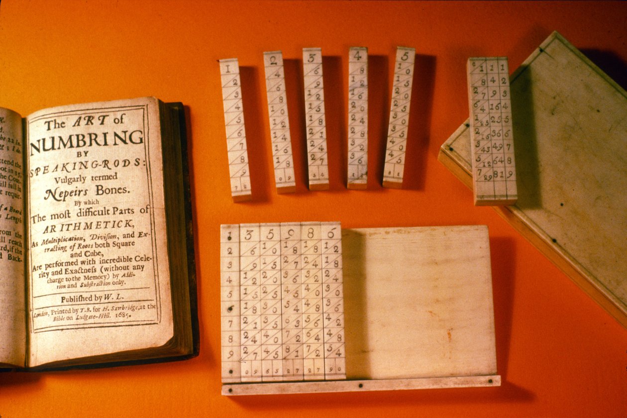 नेपियर हड्डियों का मूल सेट फिट केस और समकालीन प्रकाशन के साथ, 1685 (बॉक्सवुड) द्वारा अंग्रेजी स्कूल