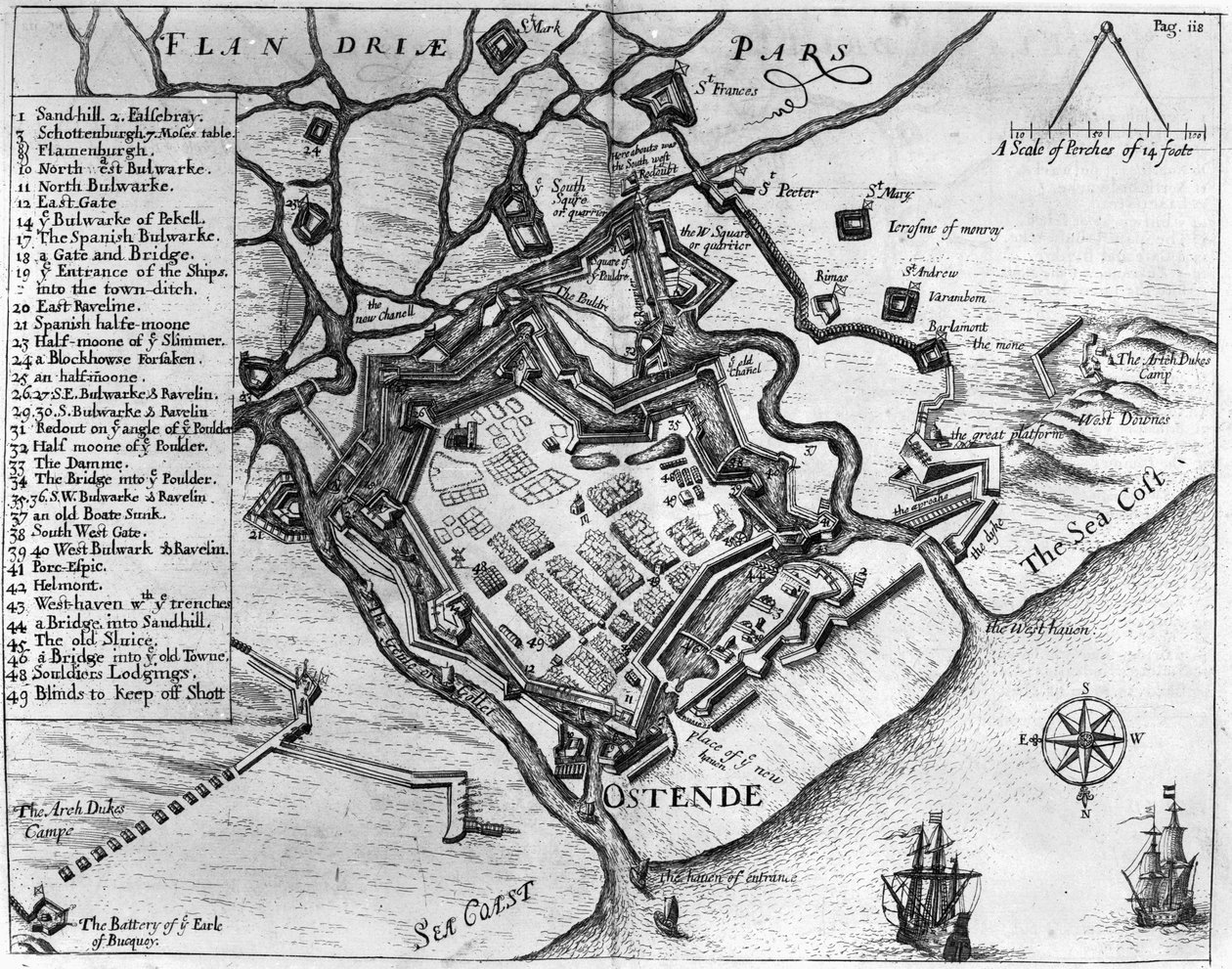 फ्रांसिस वेरे (1560-1609), पब, &39;कमेंट्रीज़, बीइंग डाइसेव्स ऑफ सर्विस, जिसमें उनके पास कमान थी&39; से ओस्टेंडे। विलियम डिलिंगम द्वारा, 1657 (उत्कीर्णन) द्वारा अंग्रेजी स्कूल