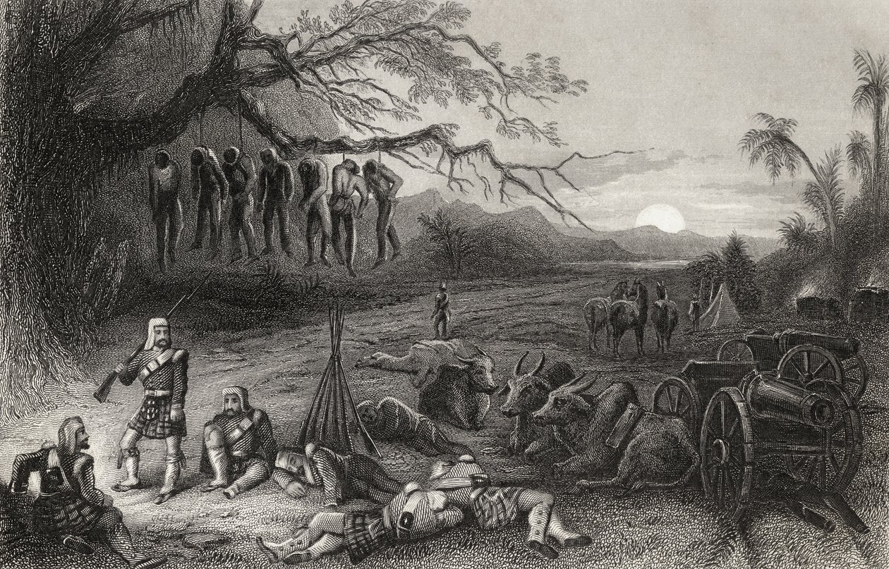 1858 में प्रकाशित &39;द हिस्ट्री ऑफ द इंडियन म्यूटिनी&39; से बनारस के हाईलैंड ब्रिगेड की पिकेटिंग को बाहर करना द्वारा अंग्रेजी स्कूल
