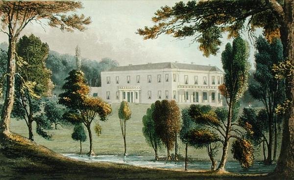 एकरमैन के 'रिपॉजिटरी ऑफ आर्ट्स' से ऑक्सटन हाउस, प्रकाशित c.1826 (कलर लिथो) द्वारा अंग्रेजी स्कूल