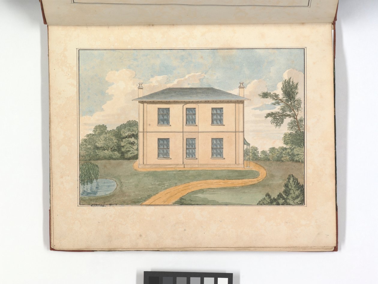'ब्रेज़ डिज़ाइन्स फ़ॉर कॉटेज एंड विला' के पृष्ठ, c.1825 (रंगीन उत्कीर्णन) द्वारा अंग्रेजी स्कूल