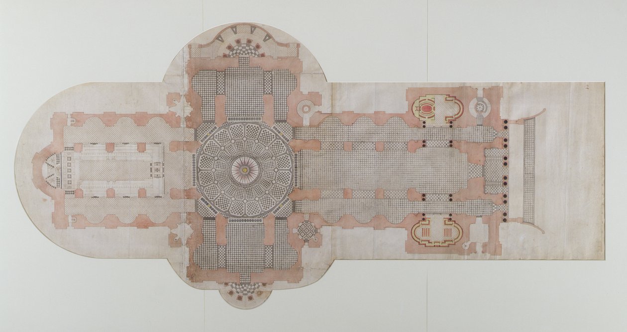 सेंट पॉल कैथेड्रल की पेइंग योजना, जैसा कि निष्पादित किया गया, c.1710 (कागज पर पेन और इंक वॉश) द्वारा अंग्रेजी स्कूल