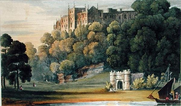 एकरमैन के 'रिपोजिटरी ऑफ आर्ट्स' से पेंटिली कैसल, 1826 में प्रकाशित (रंग लिथो) द्वारा अंग्रेजी स्कूल