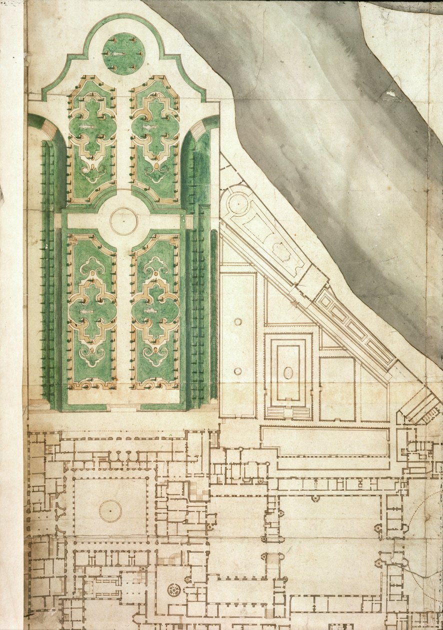 हैम्पटन कोर्ट और उसके उद्यानों की योजना, c.1714 (कागज पर कलम और स्याही और wc) द्वारा अंग्रेजी स्कूल