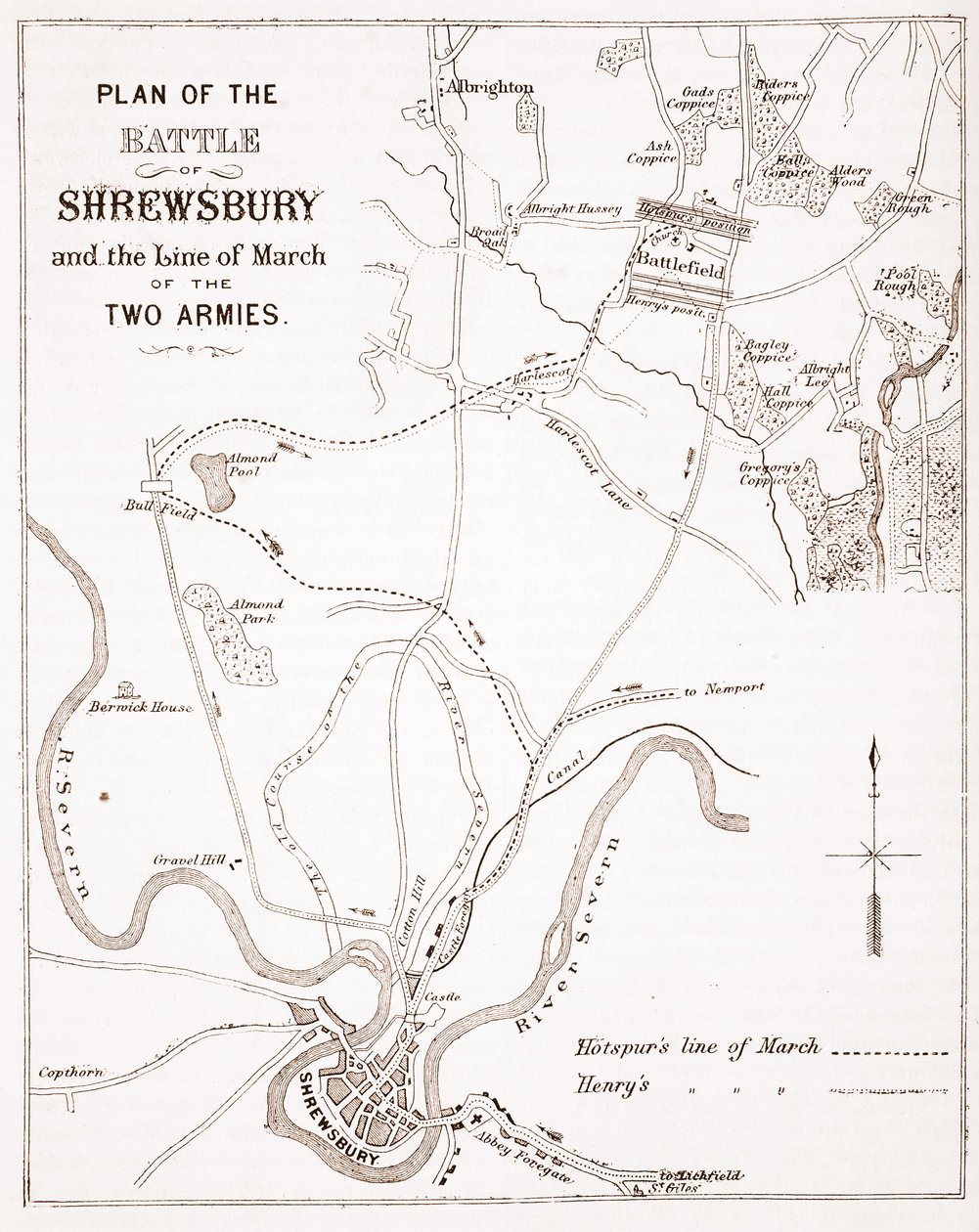 Shrewsbury की लड़ाई की योजना और दो सेनाओं के मार्च की लाइन द्वारा अंग्रेजी स्कूल