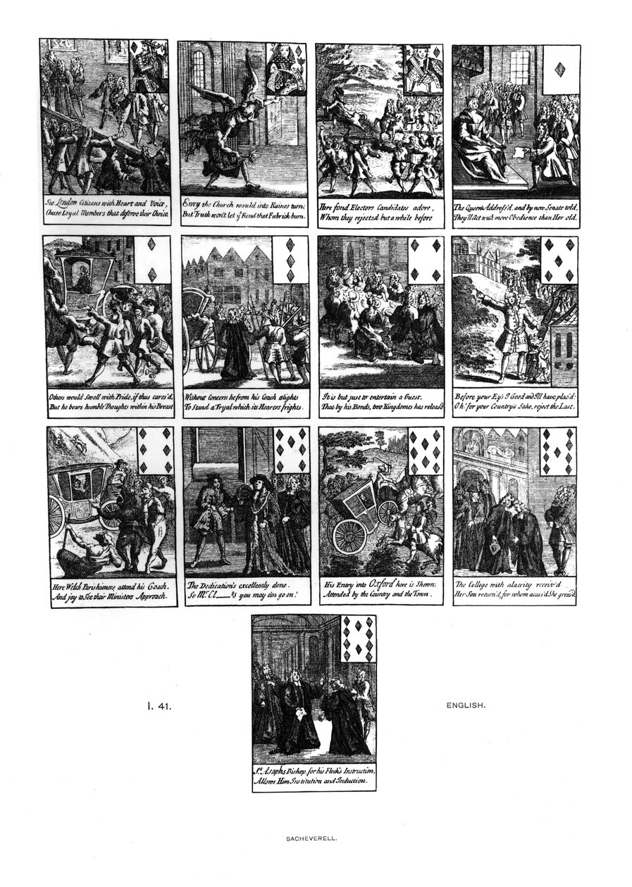 1710 में हीरे के सूट में हेनरी सैचेवरेल (c.1674-1724) के महाभियोग का चित्रण करने वाले ताश के पत्ते द्वारा अंग्रेजी स्कूल