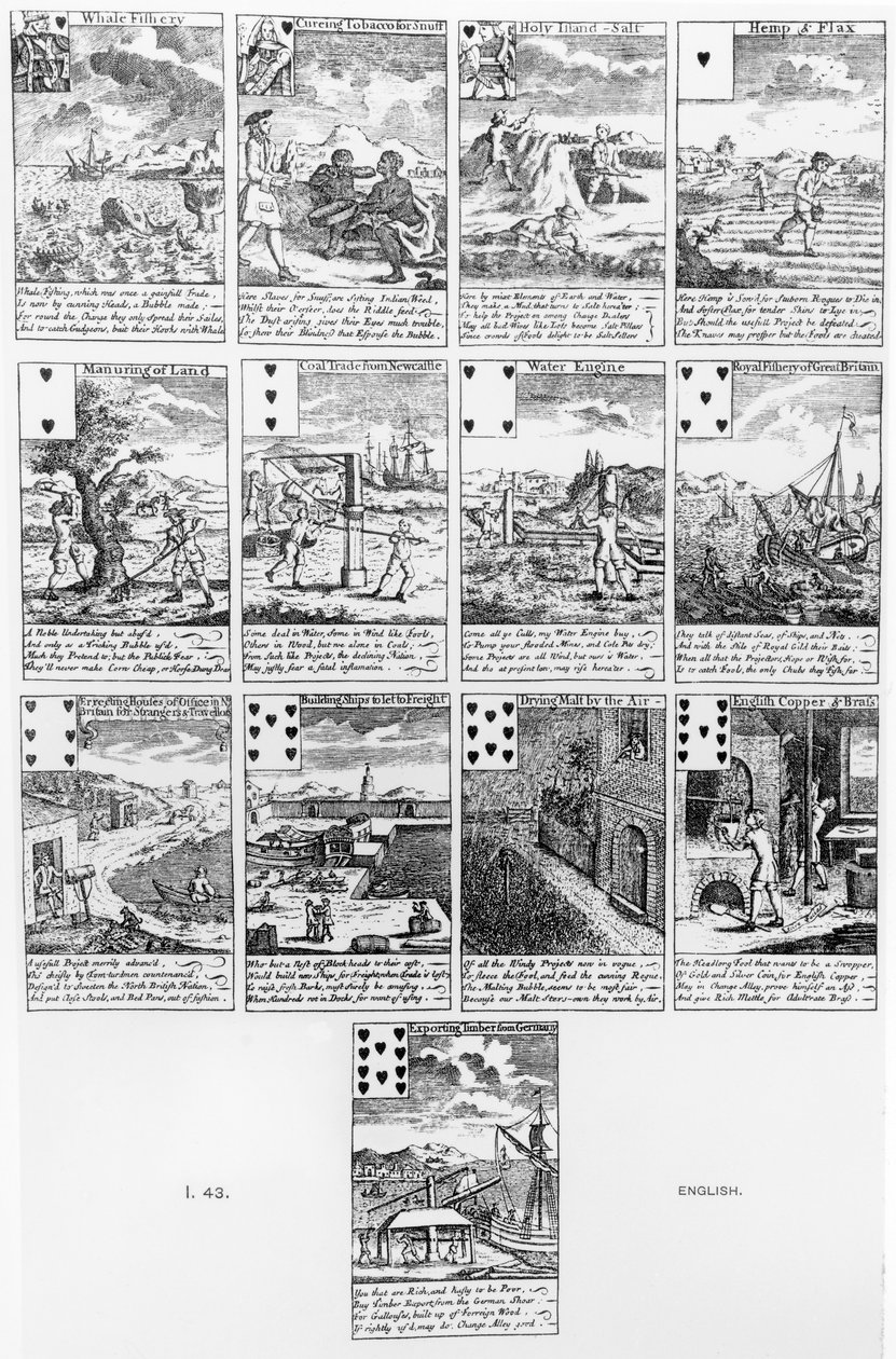 बबल उपक्रमों पर व्यंग्य करते हुए कार्ड बजाना, c.1720 द्वारा अंग्रेजी स्कूल
