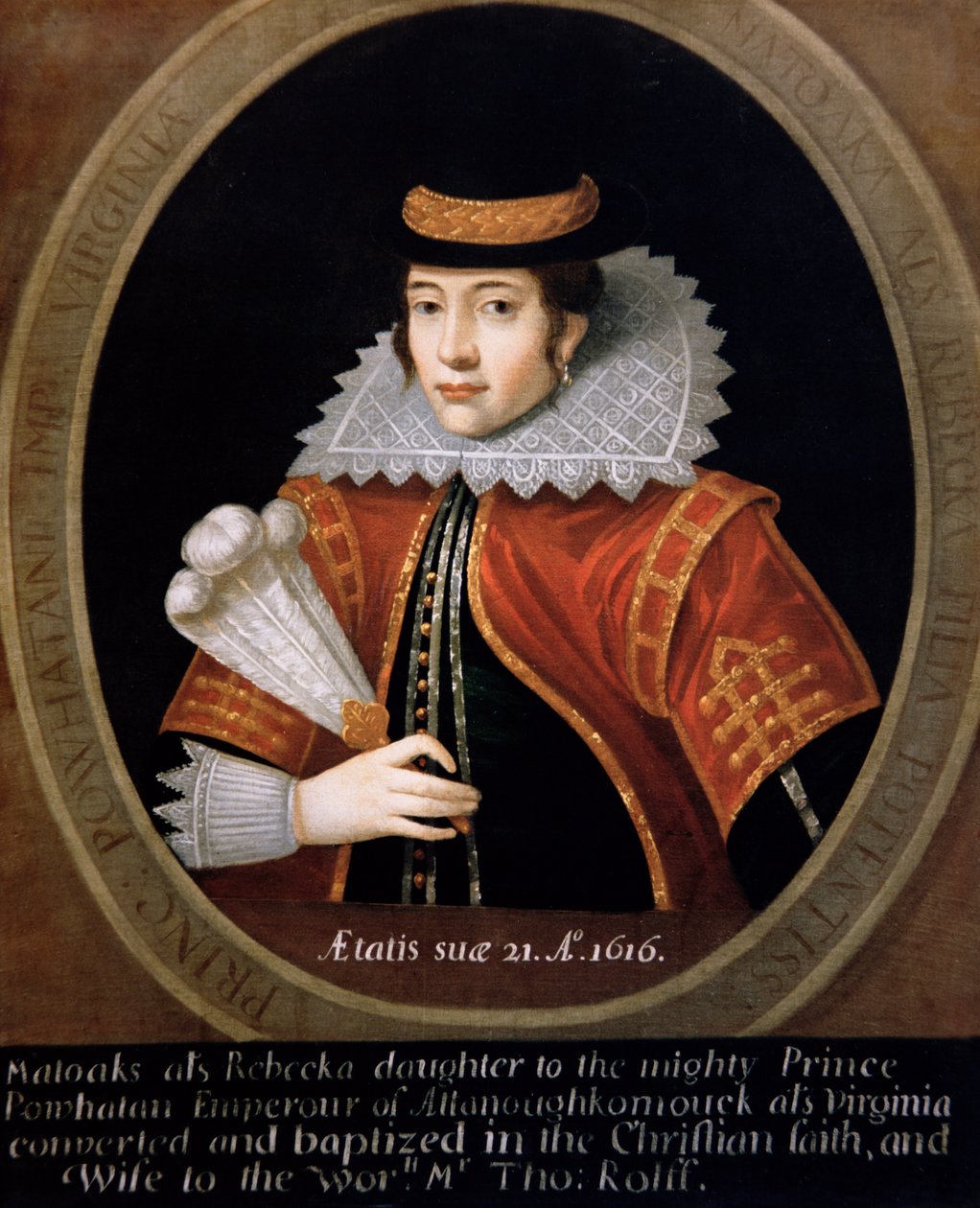 Pocahontas (c.1595-1617) 1616 (कैनवास पर तेल) द्वारा अंग्रेजी स्कूल