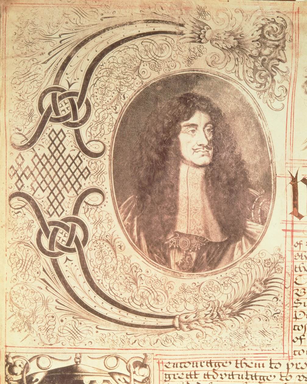 हडसन की बे कंपनी चार्टर से चार्ल्स II का पोर्ट्रेट, 2 मई 1670 द्वारा अंग्रेजी स्कूल