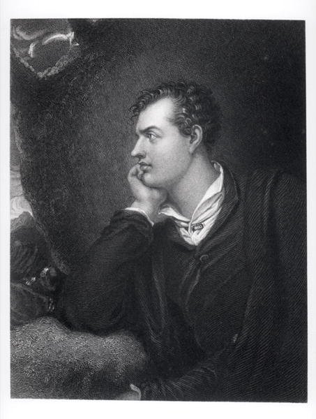 जॉर्ज गॉर्डन का पोर्ट्रेट, रोचडेल के छठे लॉर्ड बायरन (1788-1824) (उत्कीर्णन) (बी/डब्ल्यू फोटो) द्वारा अंग्रेजी स्कूल