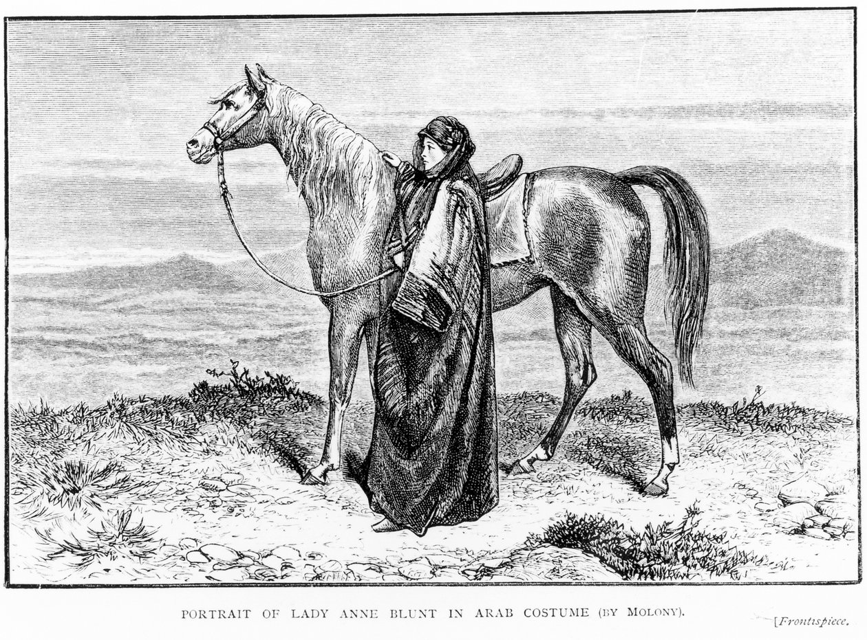 एक अरब घोड़े के साथ अरब पोशाक में लेडी ऐनी ब्लंट (1837-1917) का चित्र, उनकी पुस्तक ए पिलग्रिमेज टू नेजड, 1881 प्रकाशित द्वारा अंग्रेजी स्कूल