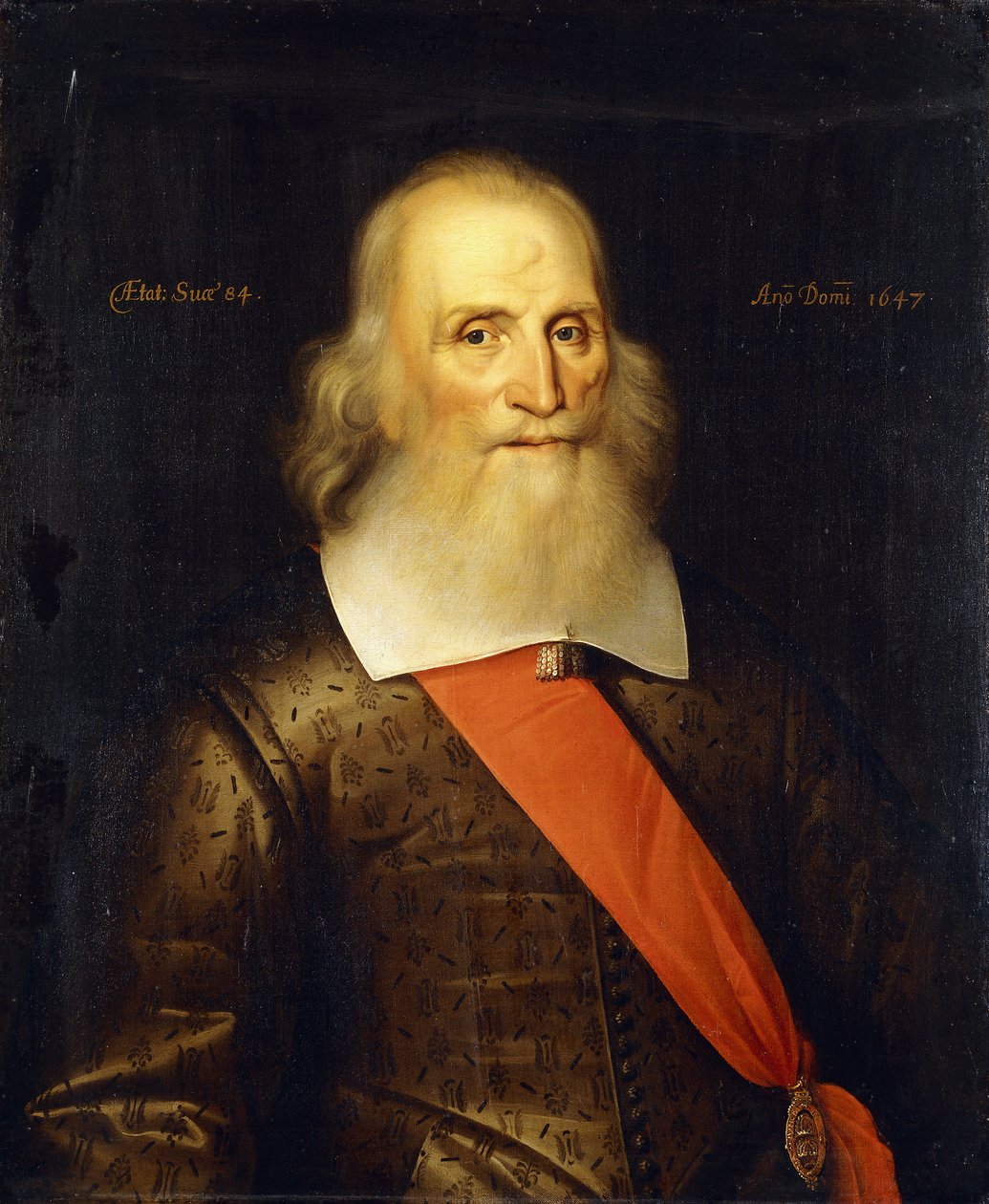 सर ओलिवर क्रॉमवेल का चित्रण, एक सफेद कॉलर और लाल सैश, 1647 के साथ कशीदाकारी डबल में 84 की उम्र, आधी लंबाई, द्वारा अंग्रेजी स्कूल
