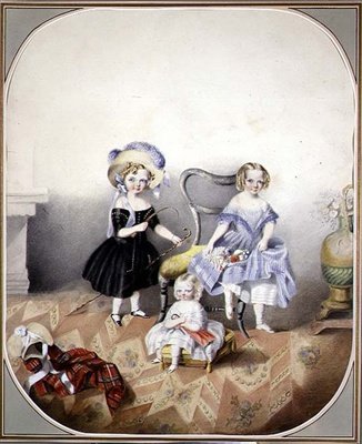 फैंसी ड्रेस में तीन नीली आंखों वाली लड़कियों का पोर्ट्रेट, c.1840 (कागज पर पानी के रंग का) द्वारा अंग्रेजी स्कूल
