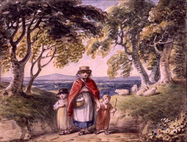 वुडलैंड लैंडस्केप में एक महिला और दो बच्चों का पोर्ट्रेट, c.1820 (कागज पर पानी के रंग का) द्वारा अंग्रेजी स्कूल