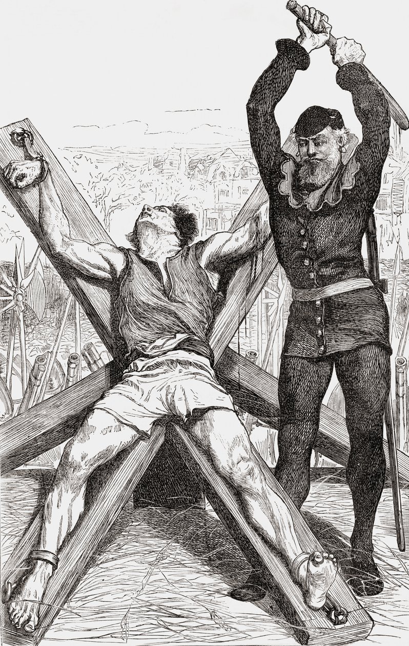 सेंट एंड्रयूज क्रॉस पर कैद किया जा रहा कैदी, c.1865 (लकड़ी की नक्काशी) द्वारा अंग्रेजी स्कूल