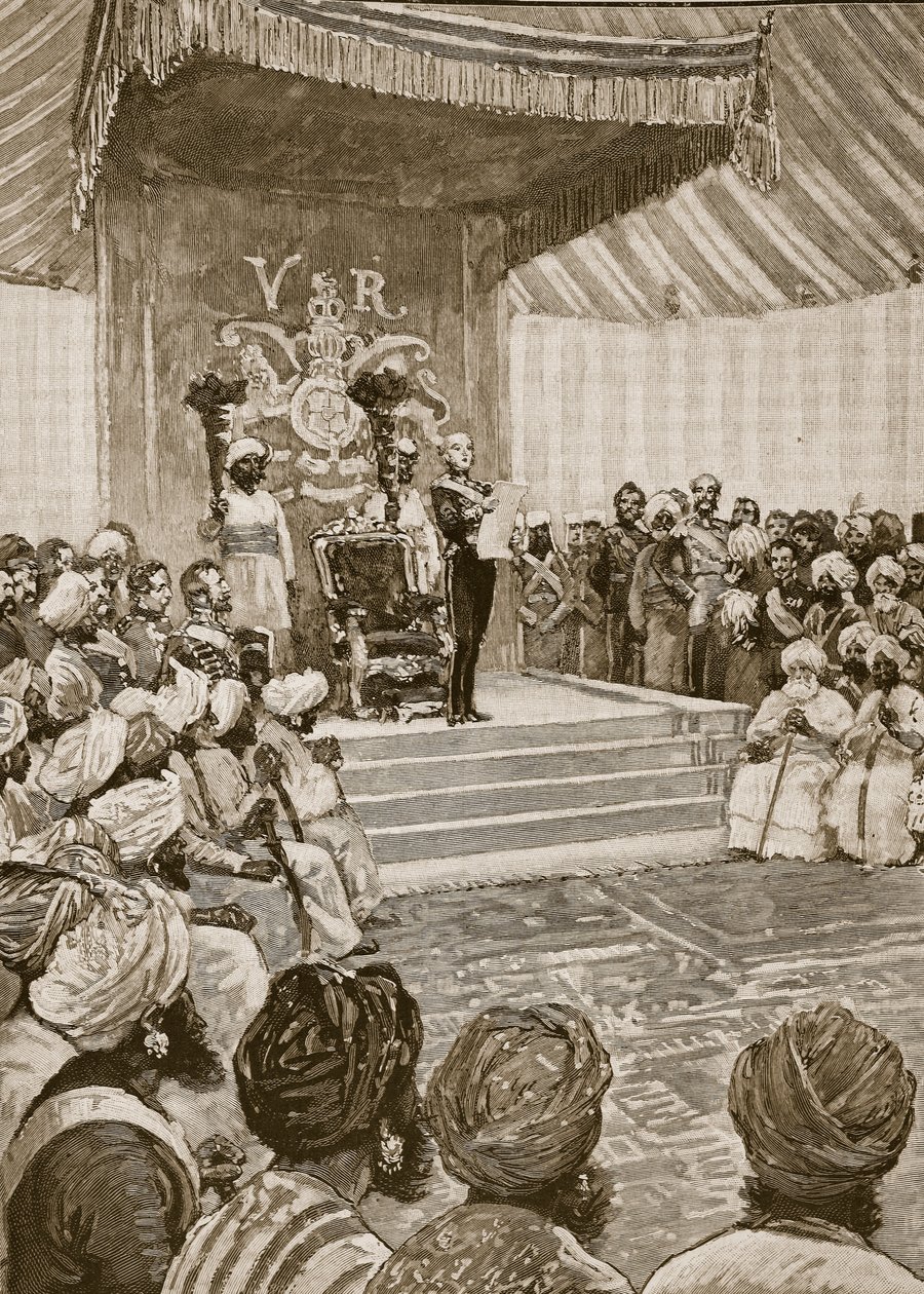 1877 में भारत की महारानी के रूप में महारानी की घोषणा, कैसल्स इलस्ट्रेटेड हिस्ट्री ऑफ़ इंग्लैंड (सेशेल्स) से चित्रण द्वारा अंग्रेजी स्कूल