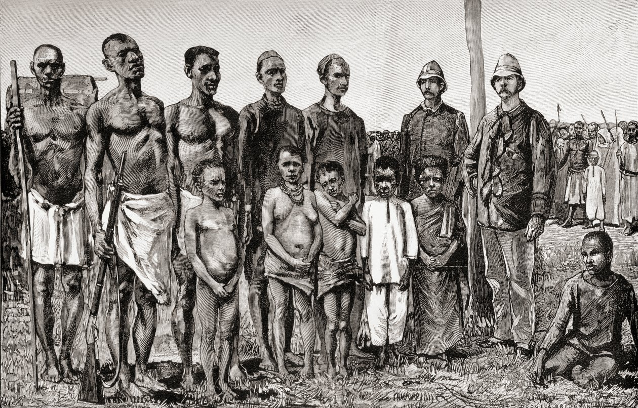 अंग्रेजी अधिकारियों, सूडानी और ज़ांज़ीबारिस, 1890 (लकड़ी के उत्कीर्णन) की तुलना में पैगमी मूल निवासी द्वारा अंग्रेजी स्कूल