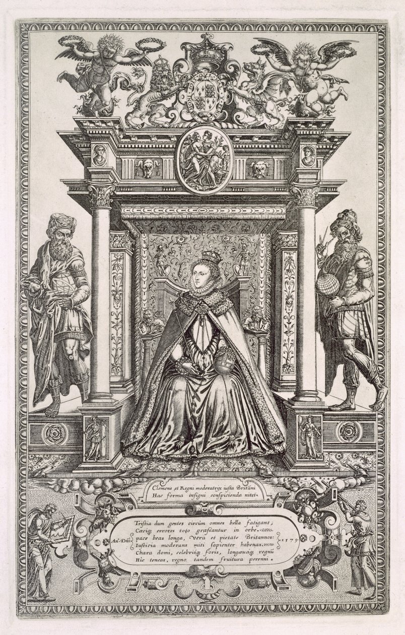 क्वीन एलिजाबेथ I (1533-1603) भूगोल और खगोल विज्ञान के संरक्षक के रूप में, इंग्लैंड के सैक्सन मैप्स की एक पुस्तक के सामने, 1579 द्वारा अंग्रेजी स्कूल