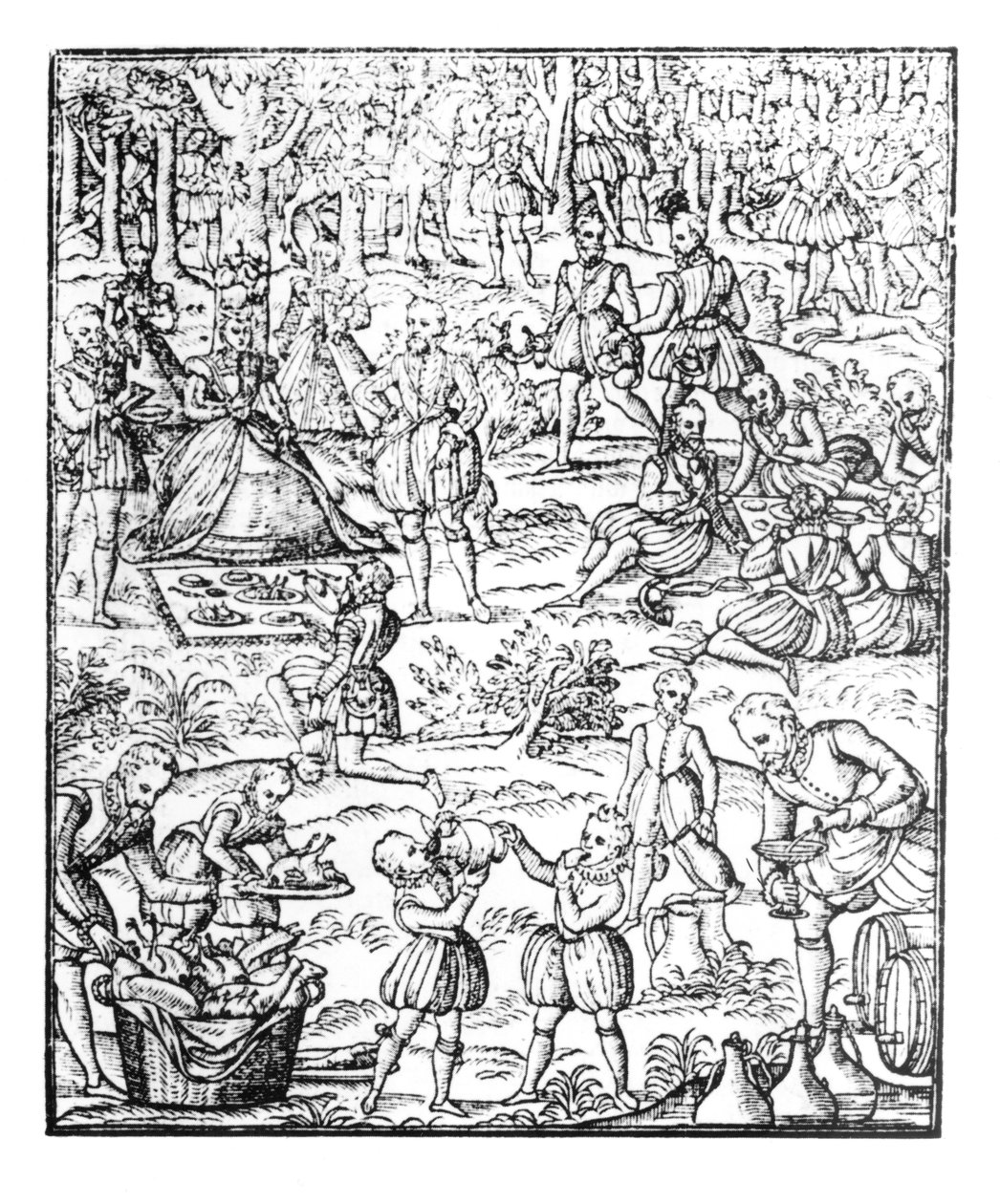 हंट पिकनिक में क्वीन एलिजाबेथ I (1533-1603), जॉर्ज टर्बर्विले द्वारा &39;नोबल आर्ट ऑफ़ विनेरी एंड हंटिंग&39; की प्लेट द्वारा अंग्रेजी स्कूल