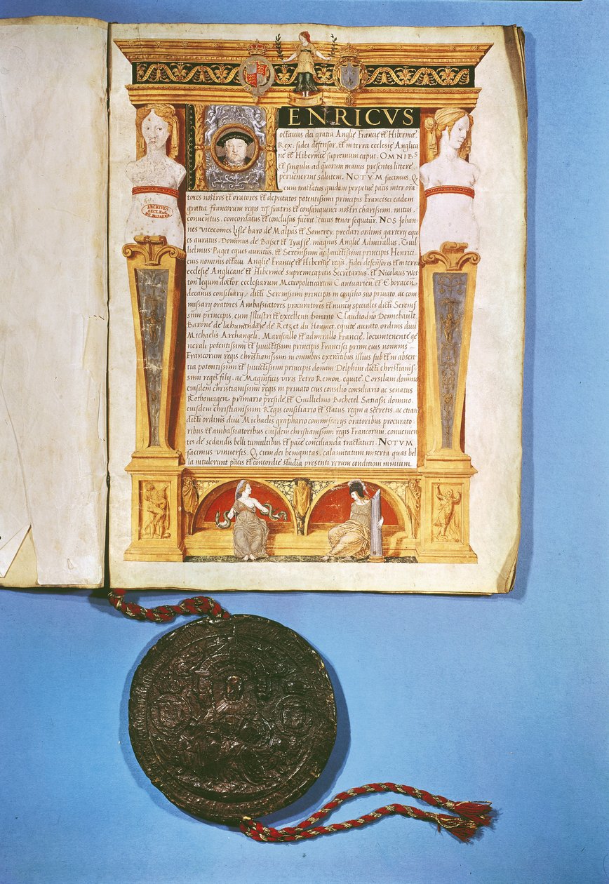 17 जुलाई 1546 को आर्देस की संधि के हेनरी अष्टम (1491-1547) द्वारा सत्यापन द्वारा अंग्रेजी स्कूल