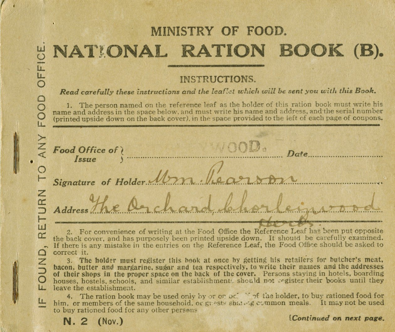 विलियम पीयरसन, चोर्लीवुड, हर्टफोर्डशायर, 1919 (प्रिंट) के लिए राशन बुक द्वारा अंग्रेजी स्कूल
