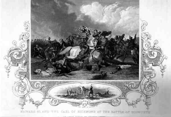 रिचर्ड III और अर्ल ऑफ़ रिचमंड एट द बैटल ऑफ़ बोसवर्थ (उत्कीर्णन) द्वारा अंग्रेजी स्कूल