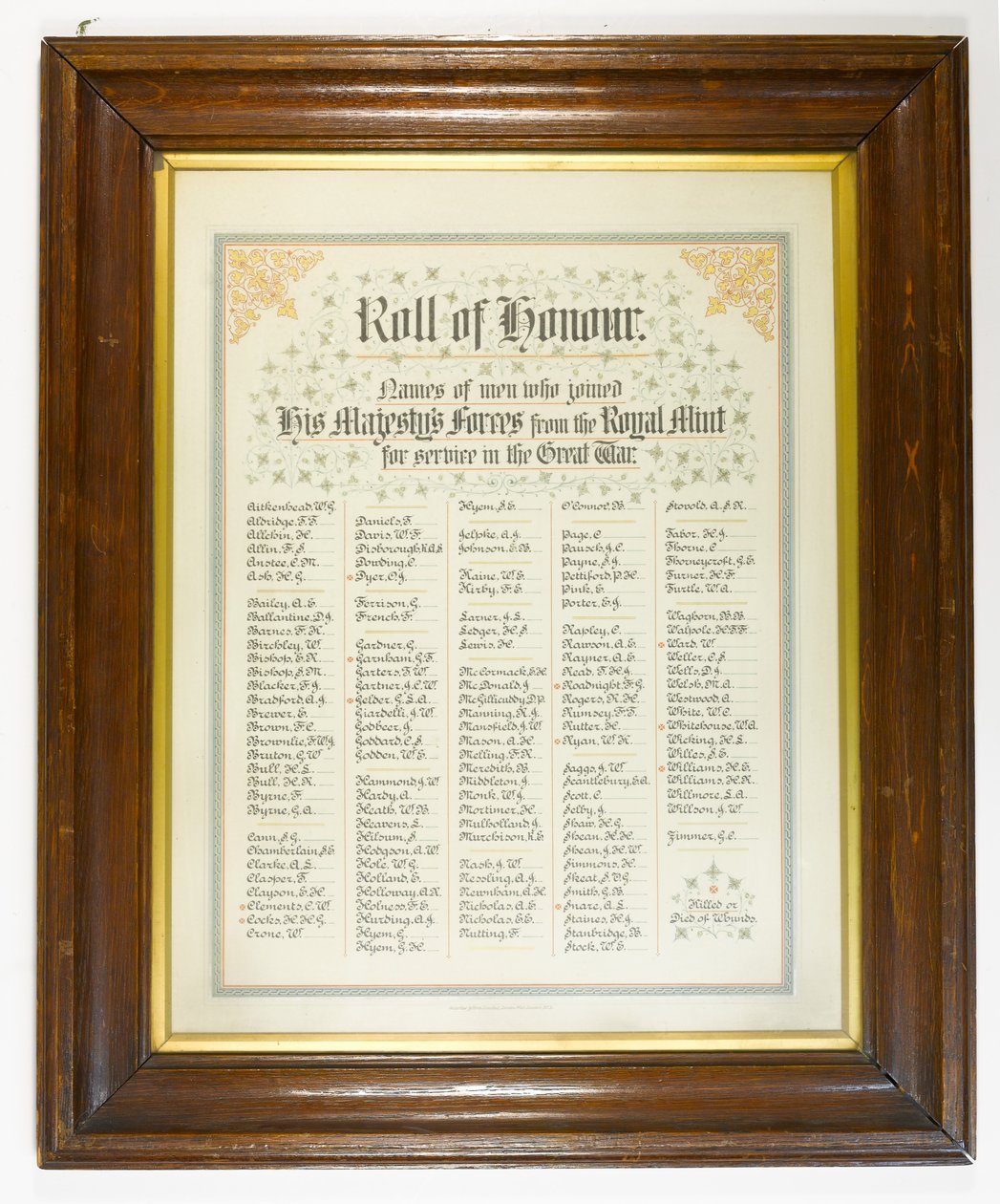 प्रथम विश्व युद्ध के दौरान सेना में शामिल हुए रॉयल मिंट के लोग, रोल ऑफ ऑनर, c.1918 (लकड़ी के फ्रेम में कागज पर कलम और स्याही) द्वारा अंग्रेजी स्कूल