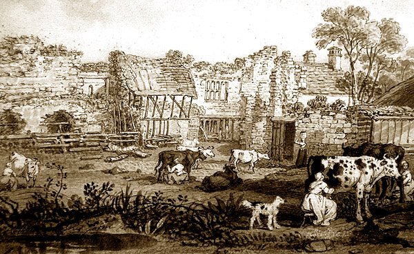 दूध देने वाली गायों के साथ बर्बाद मनोर घर, c.1800 (कागज पर कलम और सीपिया स्याही) द्वारा अंग्रेजी स्कूल