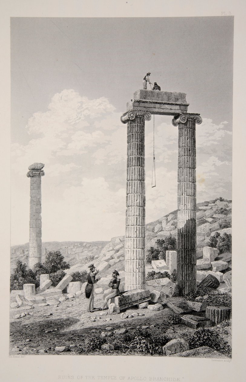 अपोलो ब्रांचिडे के मंदिर के खंडहर, पब। 1863 लिथोग्राफ। द्वारा अंग्रेजी स्कूल