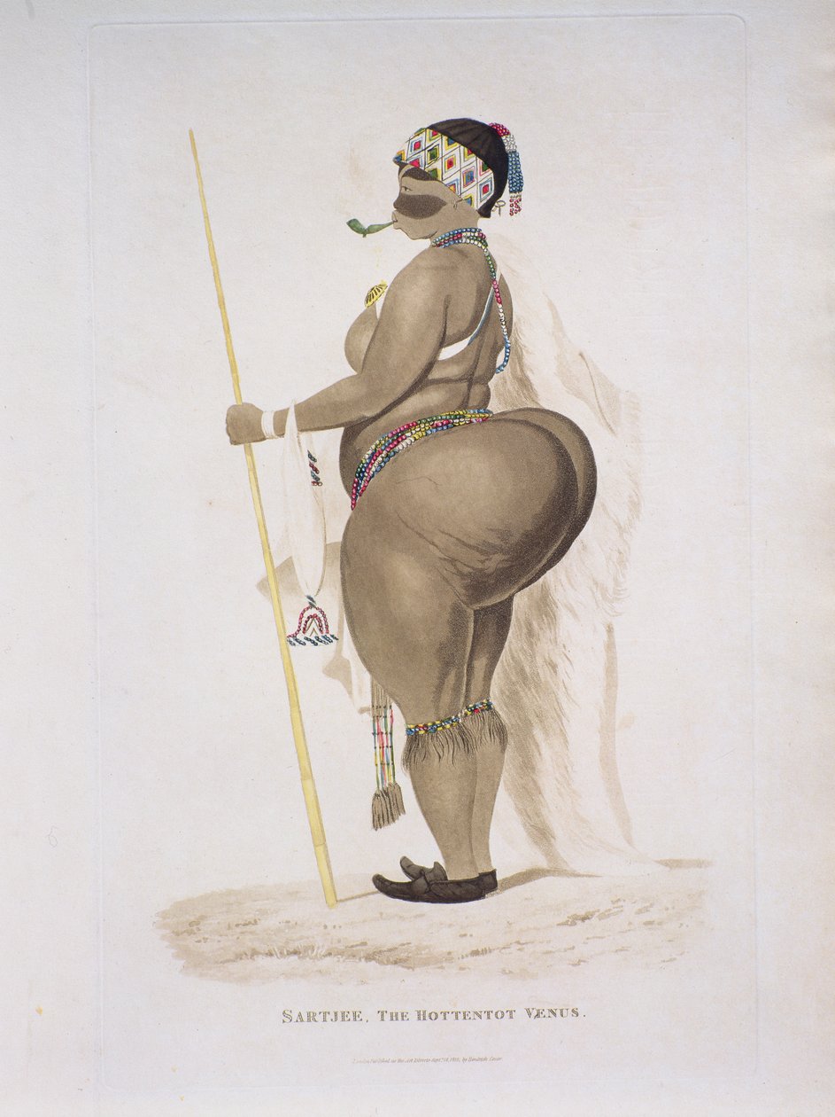 सरतजी, द हॉटनॉट वीनस, 1810 (हाथ के रंग की नक्काशी) द्वारा अंग्रेजी स्कूल