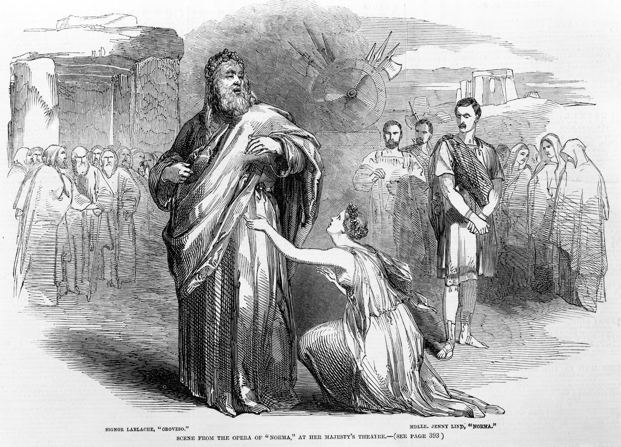 1847 में लंदन के हर्जे मेजेस्टीज़ थियेटर में ओपेरा नोर्मा से दृश्य द्वारा अंग्रेजी स्कूल