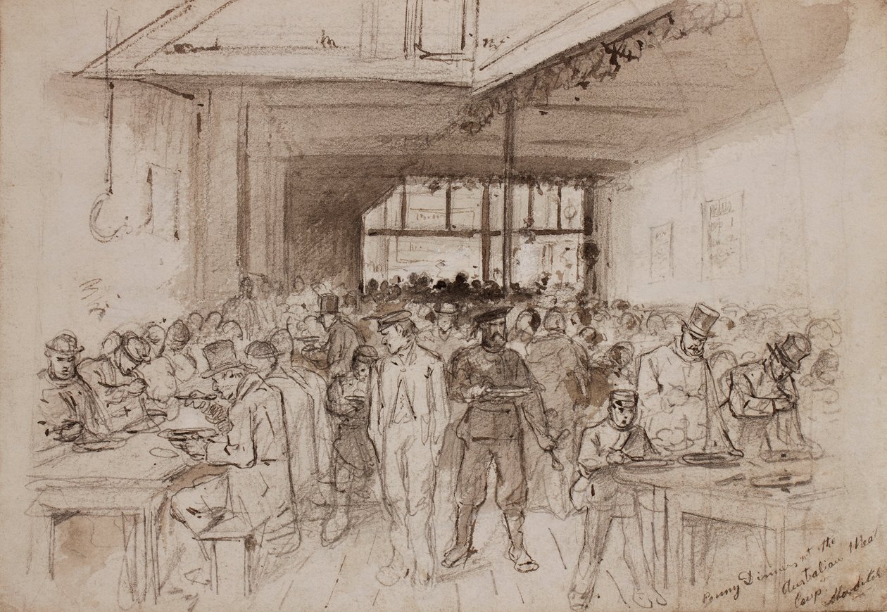 ; Shoreditch, पेनी डिनर ऑस्ट्रेलियाई मांस कंपनी में, c.1860 (पेंसिल, स्याही और कागज पर धो) द्वारा अंग्रेजी स्कूल