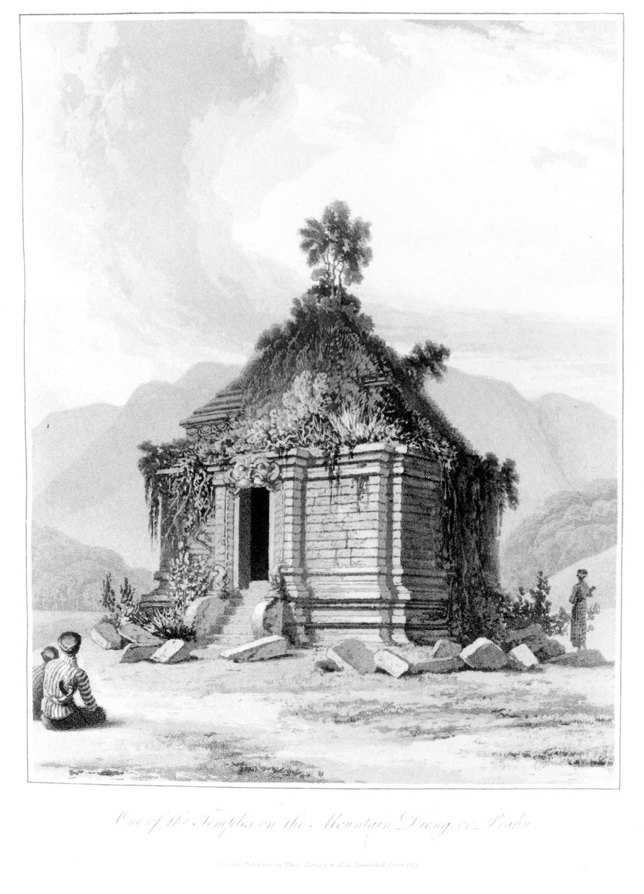 1881 के प्रकाशित जावा के इतिहास से मध्य जावा में माउंटेन डिएन या प्राहु पर श्राइन द्वारा अंग्रेजी स्कूल