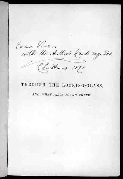 लुईस कैरोल द्वारा 'एलिस थ्रू द लुकिंग-ग्लास' का हस्ताक्षरित पृष्ठ (1833-98) 1871 (लिथो) द्वारा अंग्रेजी स्कूल