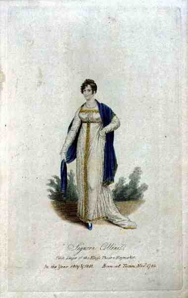सिग्नोरा कॉलिनी (बी.1784), किंग्स थिएटर के पहले गायक, 1809 और 1810 में हेमार्केट (रंगीन उत्कीर्णन) द्वारा अंग्रेजी स्कूल
