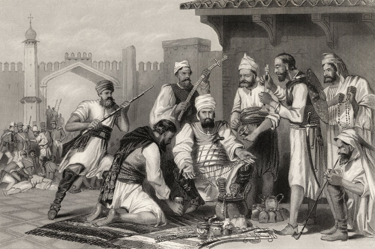 1858 में प्रकाशित &39;द हिस्ट्री ऑफ द इंडियन म्यूटिनी&39; से, विद्रोहियों से ली गई लूट को विभाजित करने वाले सिख सैनिक द्वारा अंग्रेजी स्कूल