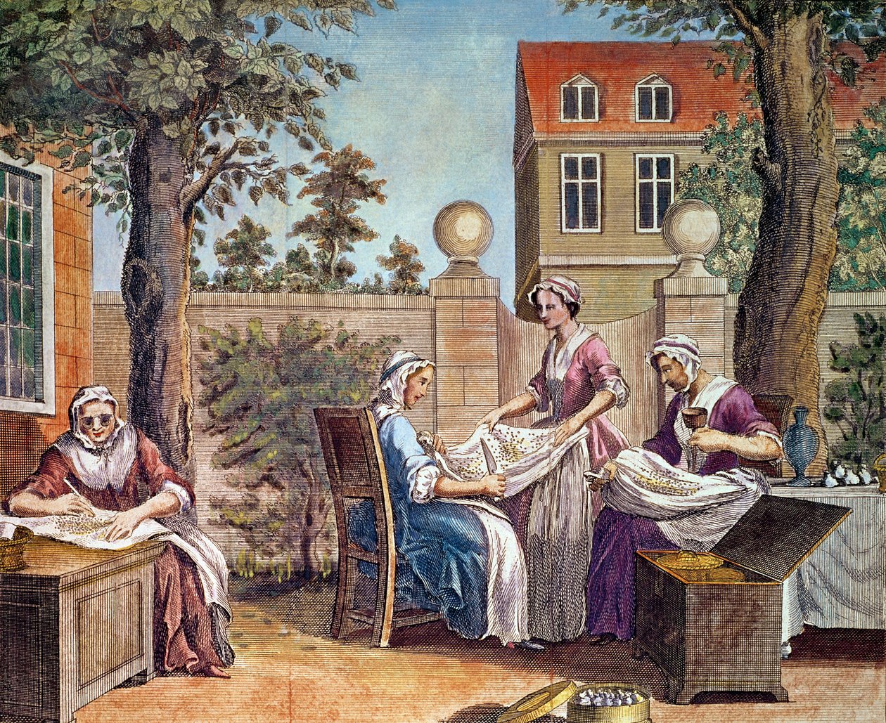 सिल्क-मेकिंग, किंग्स आर्म्स, सेंट पॉल चर्चयार्ड, लंदन, 1748 (प्रिंट) में जे यूनिवर्सल के लिए जे। हिंटन द्वारा उत्कीर्ण द्वारा अंग्रेजी स्कूल