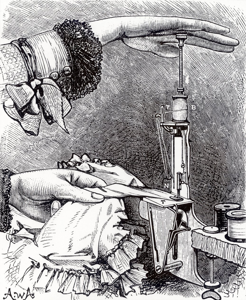 छोटी लॉकस्टीच सिलाई मशीन, आठ इंच लंबी, 8 औंस वजनी, कैसल्स फैमिली मैगज़ीन से, 1886 में प्रकाशित हुई द्वारा अंग्रेजी स्कूल