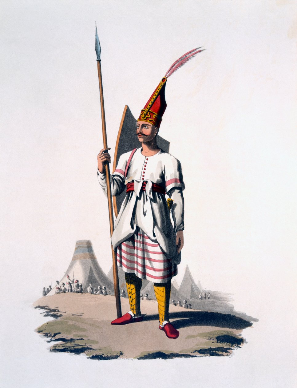 अल्बानिया का सैनिक, ओटोमन आर्मी का एक पैदल सेनापति, 1818 (रंगीन जलीय) द्वारा अंग्रेजी स्कूल