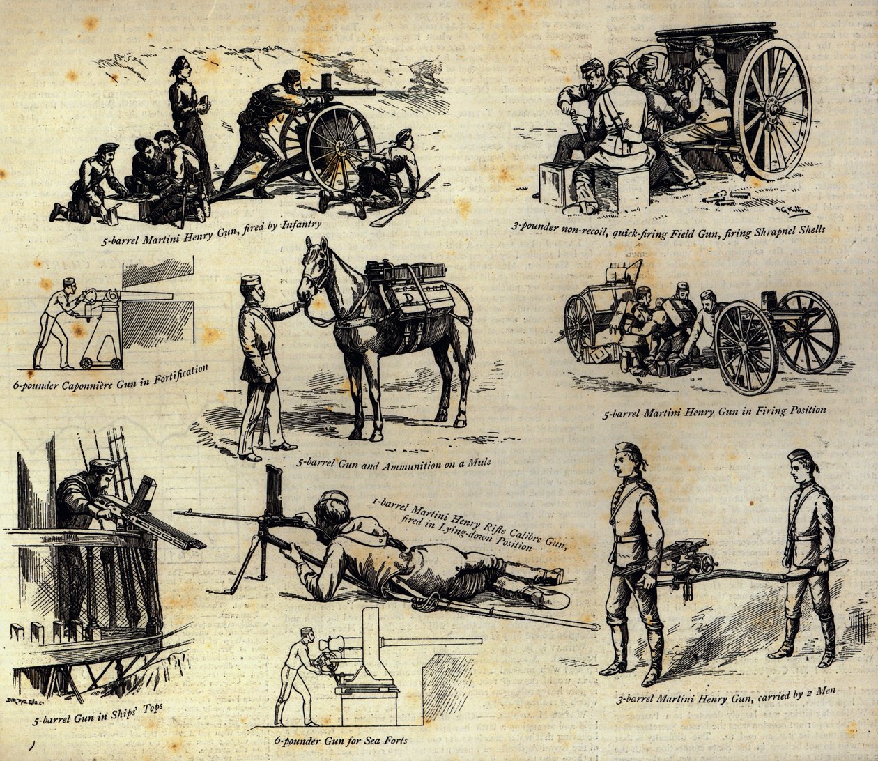 नॉर्डेनफेल्ट गन की कुछ किस्में अब द ग्राफिक, 10 अप्रैल 1886 से सेना और नौसेना में इस्तेमाल की गईं द्वारा अंग्रेजी स्कूल