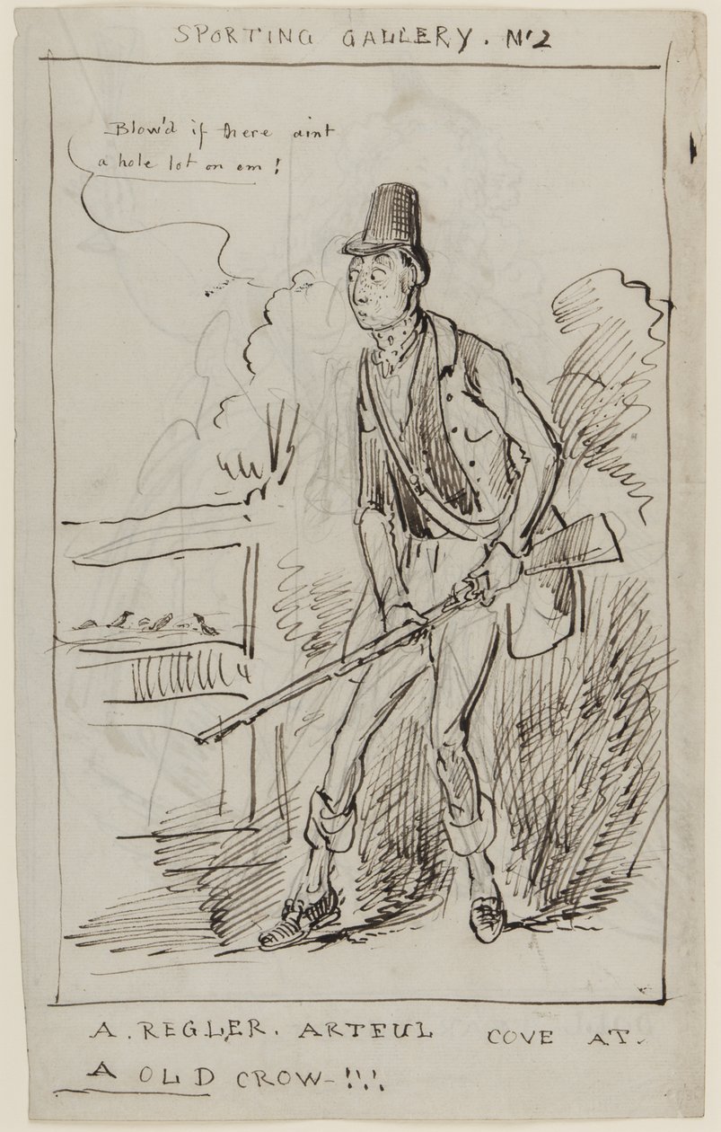 स्पोर्टिंग गैलरी नंबर 2, ए रेगलर, आर्टफुल कोव एट ए ओल्ड क्रो, c.1825 (कागज पर कलम और स्याही) द्वारा अंग्रेजी स्कूल