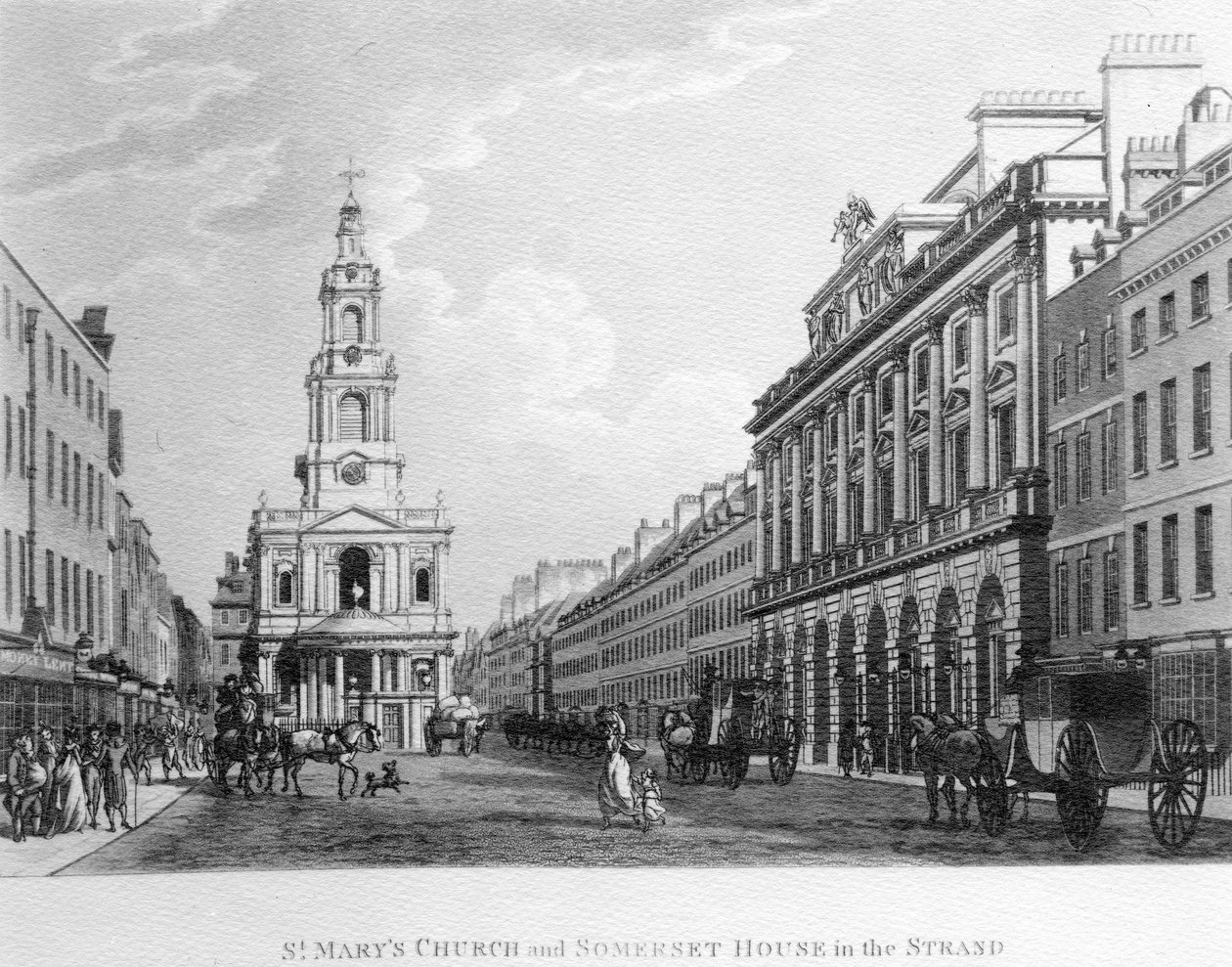 सेंट मैरी चर्च और समरसेट हाउस स्ट्रैंड में, 1796 द्वारा अंग्रेजी स्कूल